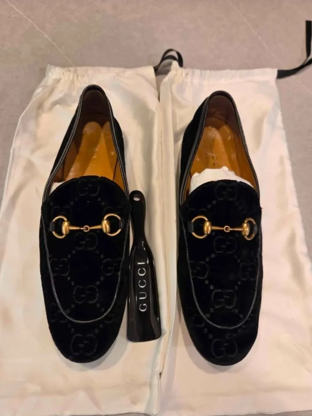 Gucci Jordaan Men’s 8.5 Black GG Velvet Horsebit Loafers